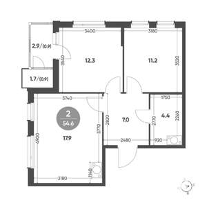 2-к квартира, вторичка, 55м2, 6/7 этаж