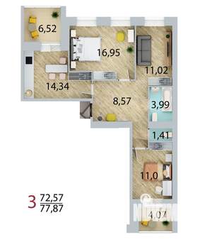 3-к квартира, сданный дом, 73м2, 1/10 этаж
