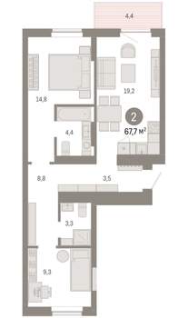 2-к квартира, вторичка, 68м2, 4/9 этаж