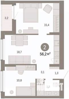2-к квартира, вторичка, 56м2, 6/8 этаж