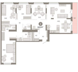 3-к квартира, вторичка, 142м2, 8/9 этаж