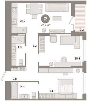 2-к квартира, вторичка, 72м2, 7/16 этаж