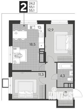 2-к квартира, строящийся дом, 55м2, 17/21 этаж