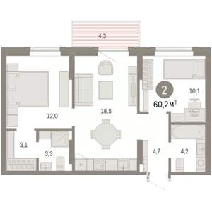 2-к квартира, вторичка, 60м2, 8/9 этаж