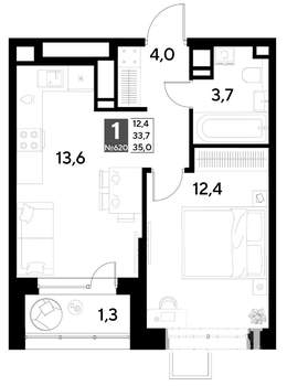 1-к квартира, строящийся дом, 35м2, 21/21 этаж