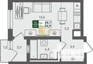 Студия квартира, строящийся дом, 31м2, 4/4 этаж