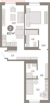 2-к квартира, вторичка, 68м2, 5/9 этаж