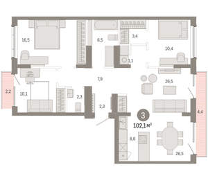 3-к квартира, вторичка, 102м2, 9/9 этаж