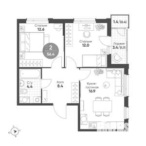 2-к квартира, строящийся дом, 56м2, 4/15 этаж