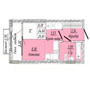 1-к квартира, строящийся дом, 25м2, 6/8 этаж