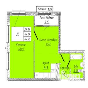 1-к квартира, строящийся дом, 48м2, 8/8 этаж