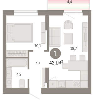 1-к квартира, вторичка, 42м2, 5/9 этаж