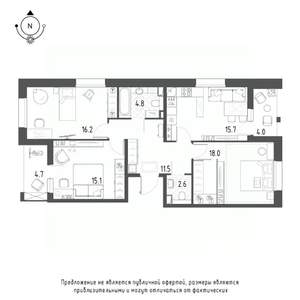 3-к квартира, строящийся дом, 88м2, 1/9 этаж