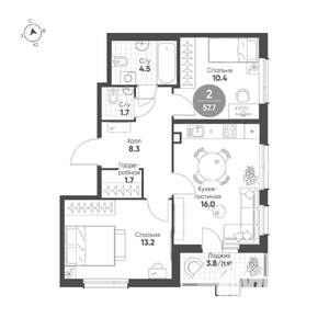 2-к квартира, вторичка, 58м2, 2/11 этаж