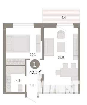 1-к квартира, вторичка, 42м2, 6/9 этаж