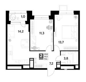 2-к квартира, вторичка, 51м2, 7/21 этаж
