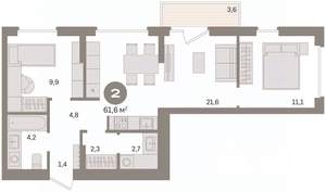 2-к квартира, вторичка, 62м2, 5/8 этаж