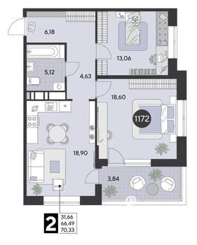 2-к квартира, строящийся дом, 70м2, 11/21 этаж