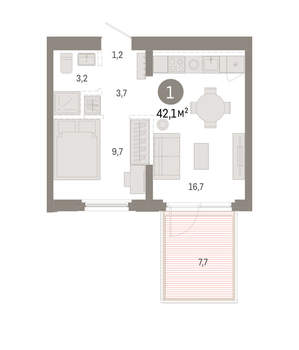 1-к квартира, вторичка, 42м2, 2/16 этаж