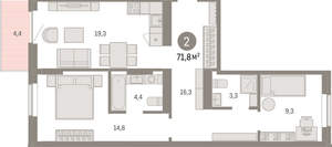 2-к квартира, вторичка, 72м2, 5/9 этаж