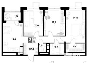 3-к квартира, строящийся дом, 72м2, 8/21 этаж