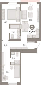 2-к квартира, вторичка, 68м2, 4/9 этаж