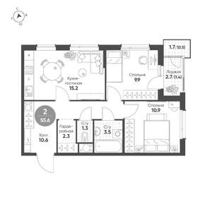 2-к квартира, строящийся дом, 56м2, 5/15 этаж