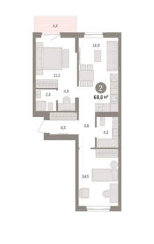 2-к квартира, вторичка, 69м2, 4/14 этаж