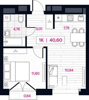 1-к квартира, строящийся дом, 41м2, 3/15 этаж