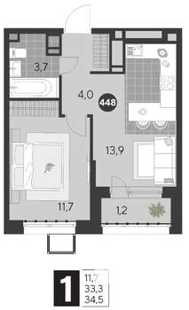 1-к квартира, строящийся дом, 35м2, 14/21 этаж