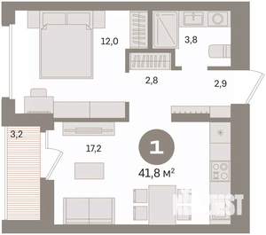 1-к квартира, вторичка, 42м2, 3/16 этаж