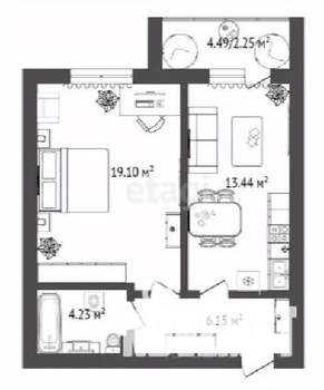 1-к квартира, строящийся дом, 46м2, 8/16 этаж