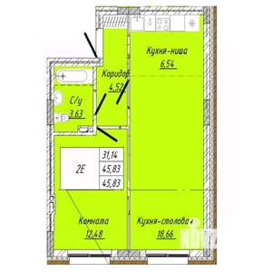 1-к квартира, строящийся дом, 46м2, 1/8 этаж