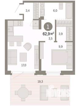 1-к квартира, вторичка, 63м2, 1/9 этаж