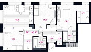 3-к квартира, вторичка, 90м2, 6/15 этаж