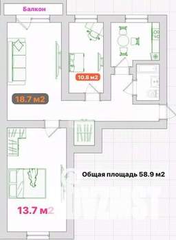 3-к квартира, вторичка, 59м2, 5/5 этаж