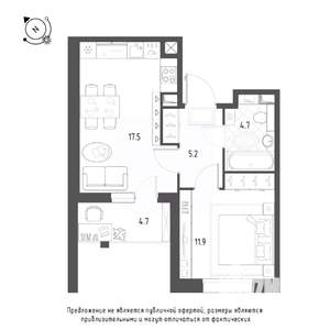 1-к квартира, вторичка, 42м2, 1/7 этаж