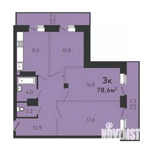 3-к квартира, строящийся дом, 74м2, 2/16 этаж