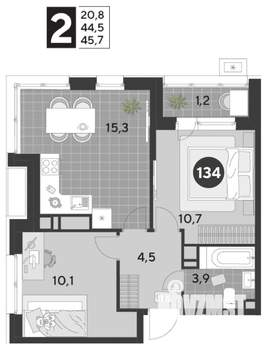 2-к квартира, строящийся дом, 46м2, 12/21 этаж