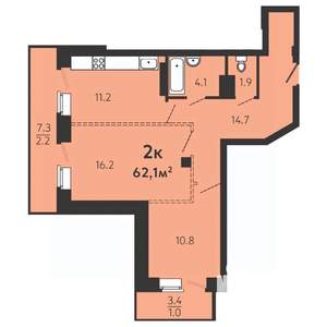 2-к квартира, строящийся дом, 59м2, 1/16 этаж