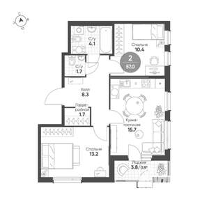 2-к квартира, строящийся дом, 57м2, 3/15 этаж