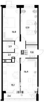 3-к квартира, строящийся дом, 85м2, 1/21 этаж