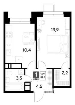 1-к квартира, строящийся дом, 35м2, 15/21 этаж