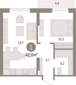 1-к квартира, вторичка, 42м2, 7/9 этаж