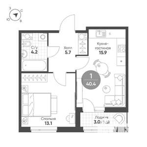 1-к квартира, вторичка, 40м2, 4/5 этаж