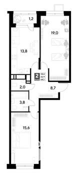 2-к квартира, строящийся дом, 64м2, 2/21 этаж