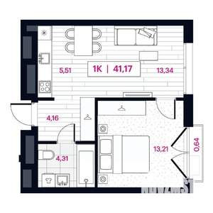 1-к квартира, строящийся дом, 41м2, 13/15 этаж