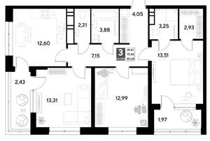 3-к квартира, строящийся дом, 80м2, 2/21 этаж