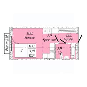 1-к квартира, строящийся дом, 25м2, 3/8 этаж