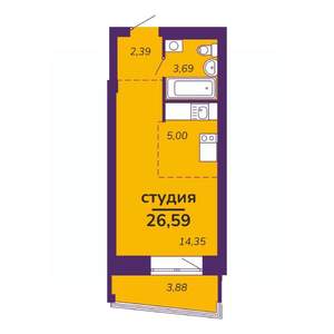 Студия квартира, строящийся дом, 27м2, 4/9 этаж